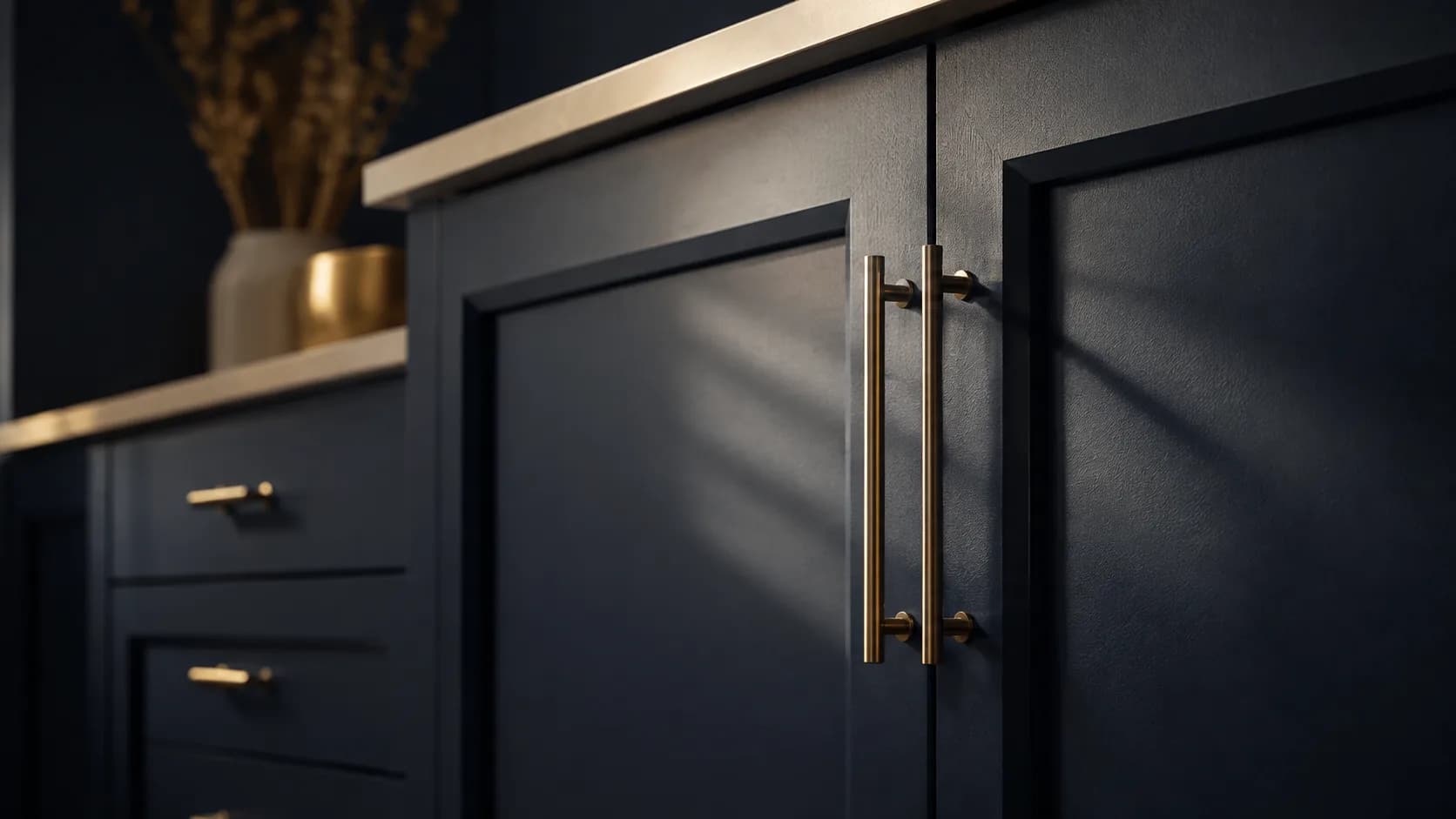 Navy kitchen cabinets with brass hardware